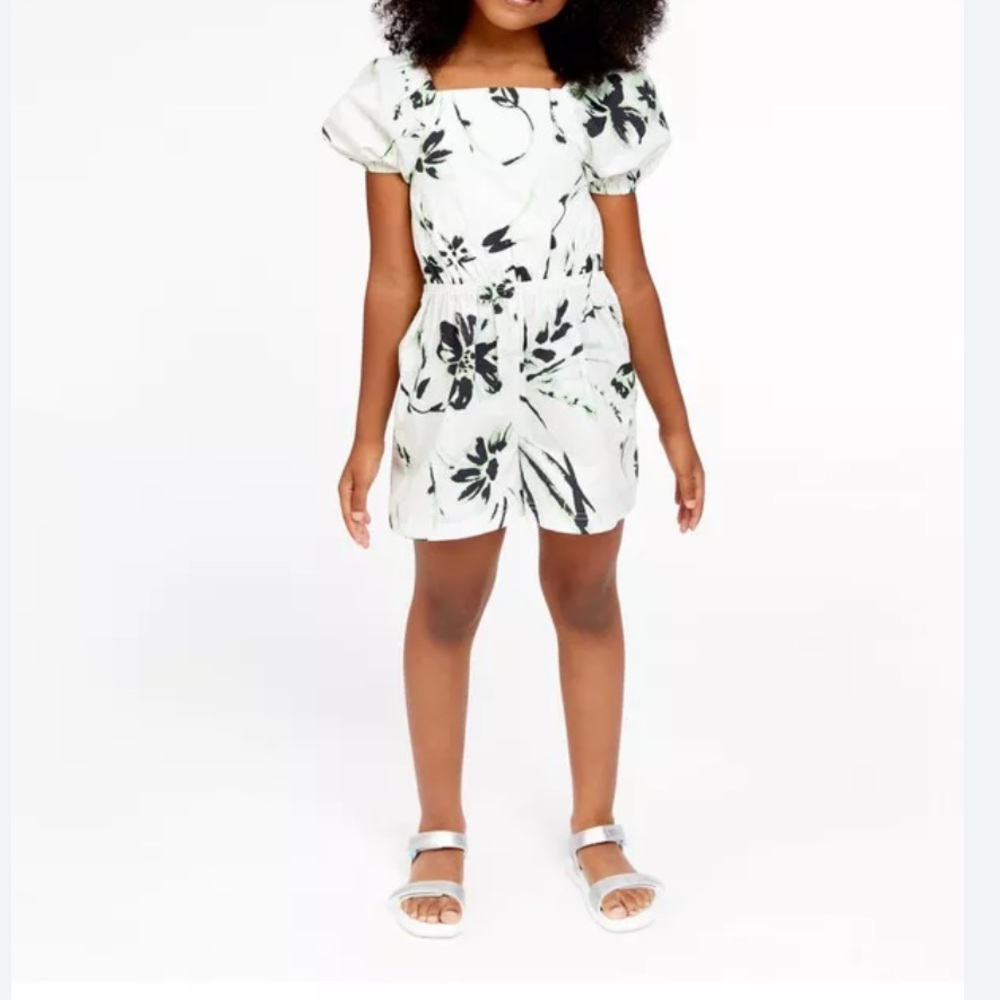 Tanya Taylor Mini Stevie Romper XS Green & Black Flowers on White Cotton Elastic